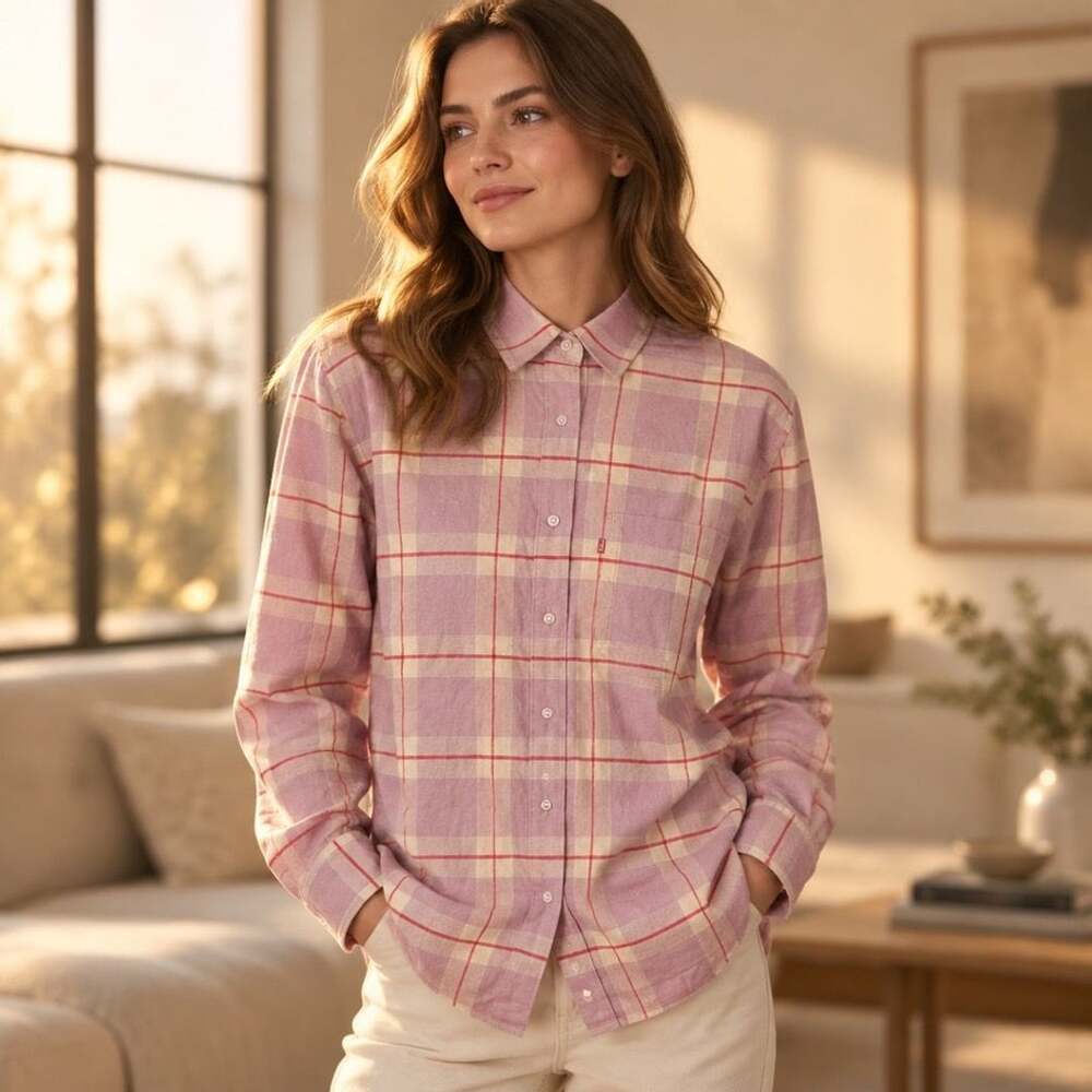 Levi's Plaid Button-Down Shirt Size L Pink Cotton Long Sleeve